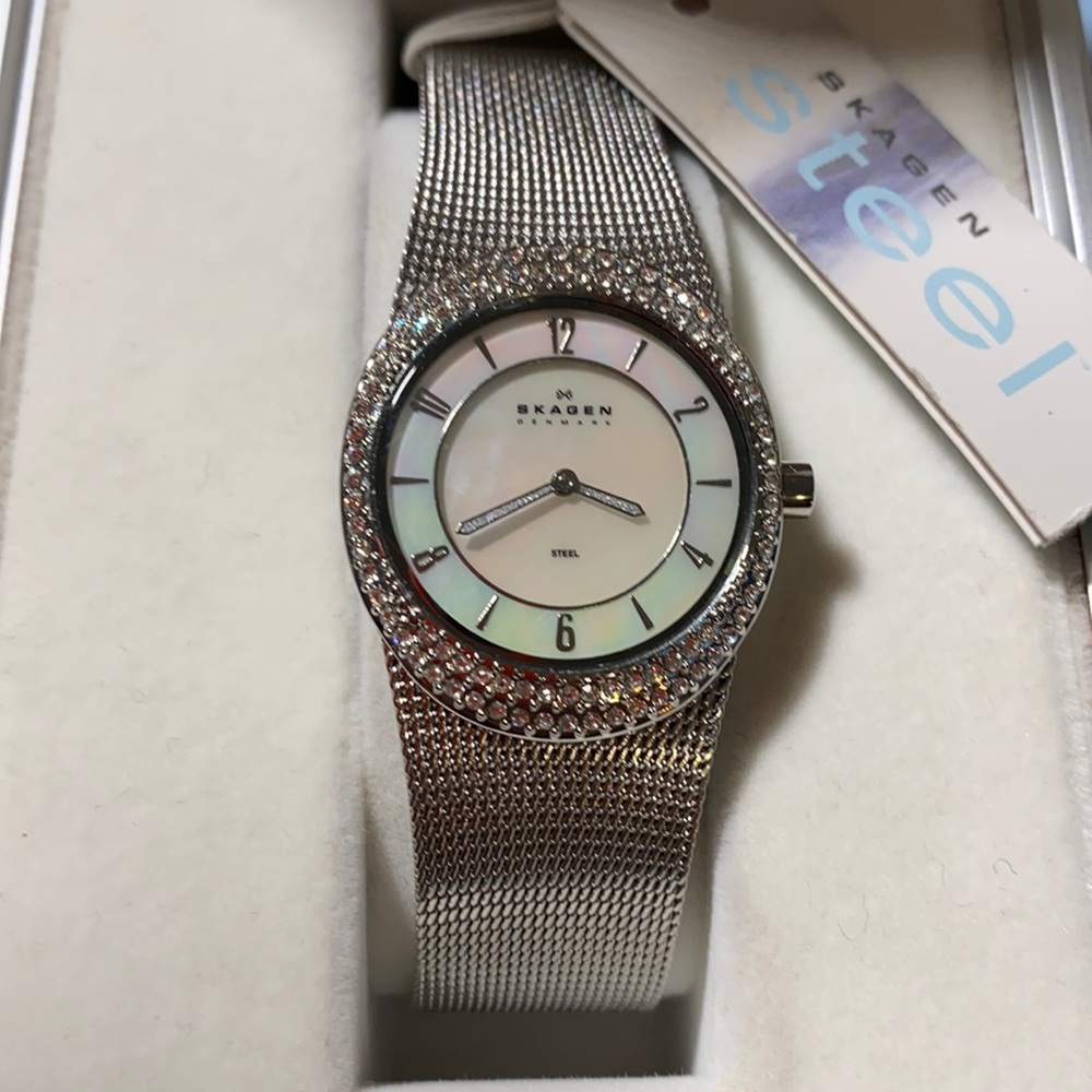 NWT Skagen mother of pearl crystal watch